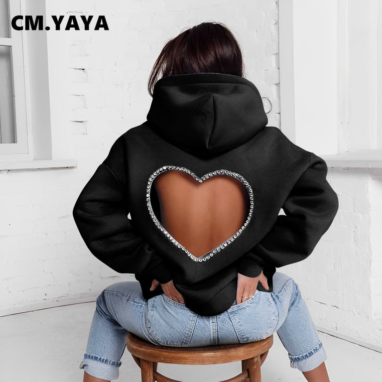 CM.YAYA Fashion DamenDiamonds Splicing Hooded Sweatshirt