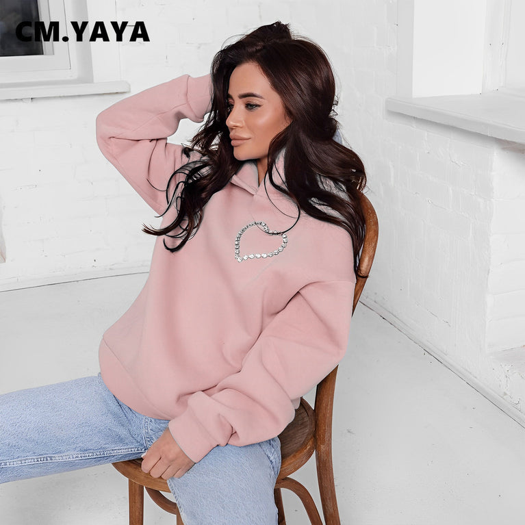 CM.YAYA Fashion DamenDiamonds Splicing Hooded Sweatshirt