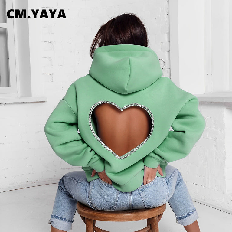 CM.YAYA Fashion DamenDiamonds Splicing Hooded Sweatshirt