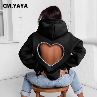 CM.YAYA Fashion DamenDiamonds Splicing  Hooded Sweatshirt