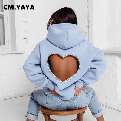 CM.YAYA Fashion DamenDiamonds Splicing  Hooded Sweatshirt