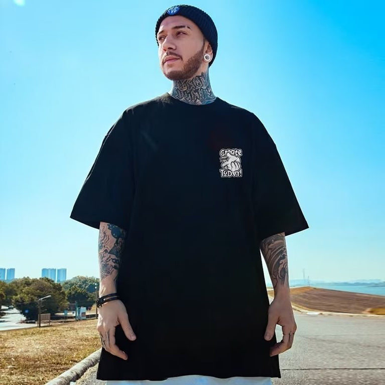 Amerikanisches kurzärmliges Herren-Hip-Hop-Trend-Loose-Oversize-T-Shirt aus Big-Size-Fat-Guy-Sommerbaumwolle mit Fünf-Punkt-Ärmeln