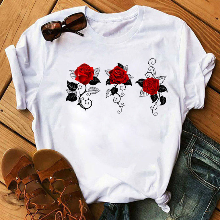 Rote Rosen T-Shirt für Damen