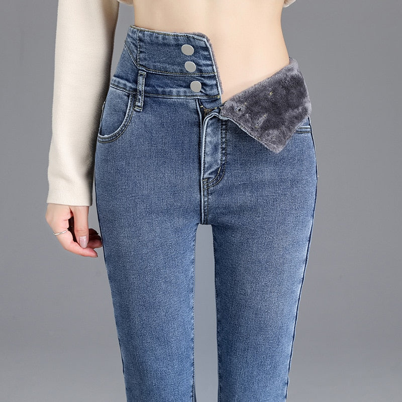 High-quality Winter Damen Skinny Jeans mit Fleece Fütterung