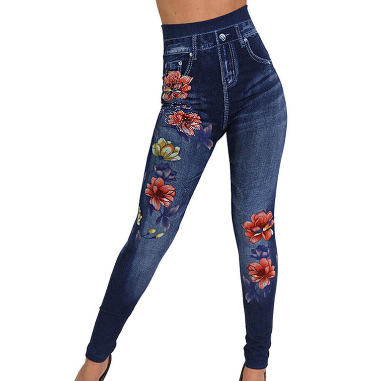 Blumendruck Denim Jeans Leggings für Damen