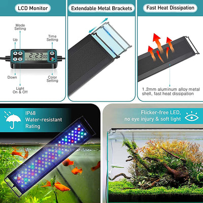 60–105 cm WRGB LED-Aquarium-Licht mit Timer, wasserdichtes Aquarium-Licht, Unterwasserlampe, Aquarien-Dekorbeleuchtung, bepflanzte Lichter