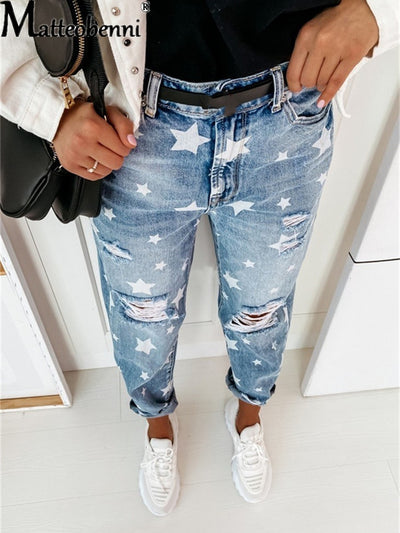 Boyfriend Jeans Slim Hole für Damen mit fünfzackigen Stern