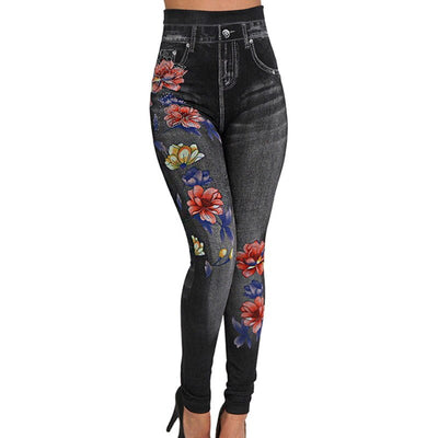 Blumendruck Denim Jeans Leggings für Damen