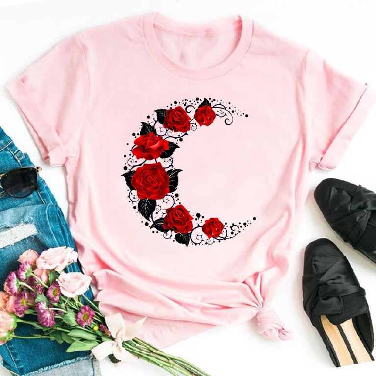 Rote Rosen T-Shirt für Damen