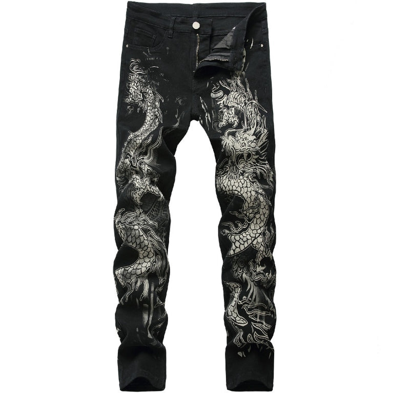 Schwarze Herren Jeans mit Drachenmotiv