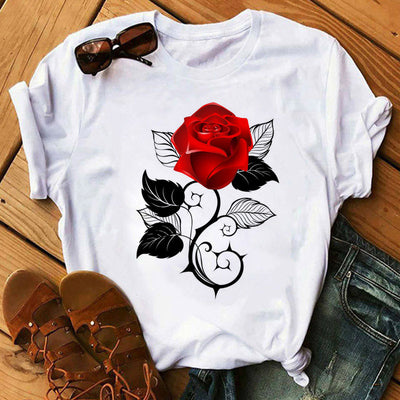 Rote Rosen T-Shirt für Damen