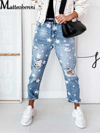 Boyfriend Jeans Slim Hole für Damen mit fünfzackigen Stern