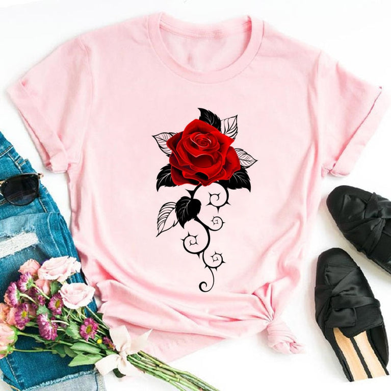 Rote Rosen T-Shirt für Damen