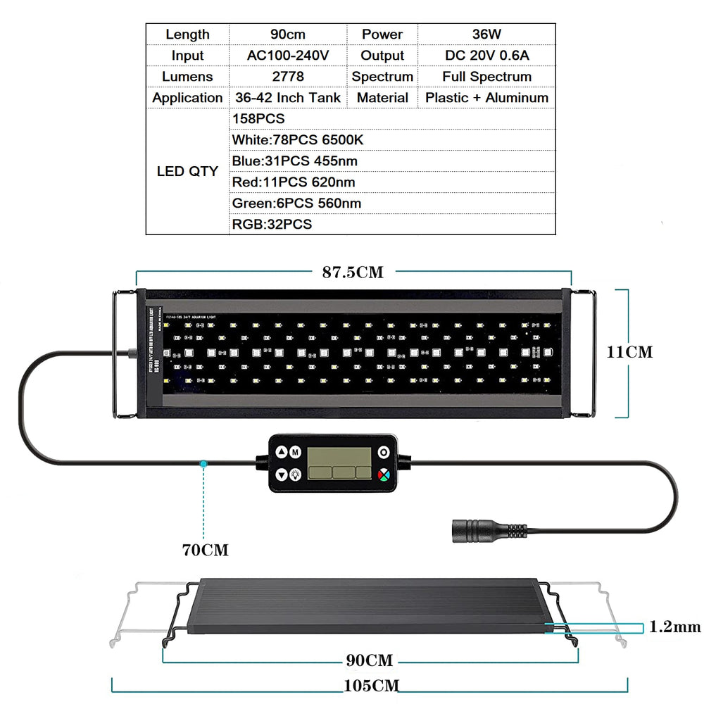 60–105 cm WRGB LED-Aquarium-Licht mit Timer, wasserdichtes Aquarium-Licht, Unterwasserlampe, Aquarien-Dekorbeleuchtung, bepflanzte Lichter