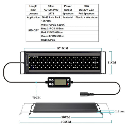 60–105 cm WRGB LED-Aquarium-Licht mit Timer, wasserdichtes Aquarium-Licht, Unterwasserlampe, Aquarien-Dekorbeleuchtung, bepflanzte Lichter