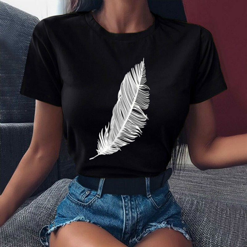 Casual Federdruck T-Shirt für Damen