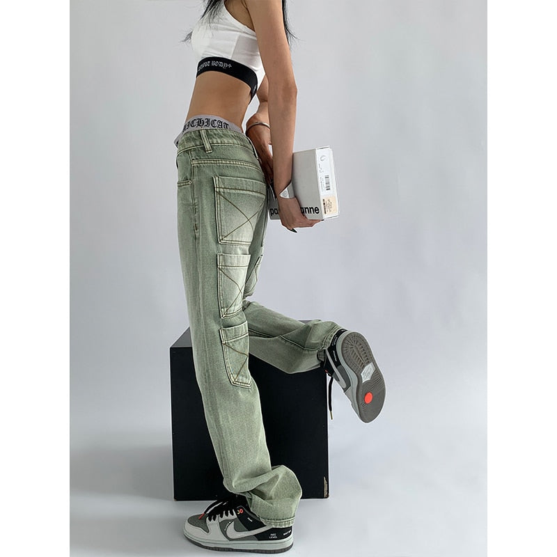 Grüne Jeans für Damen, Vintage-Waschung, mehrere Taschen, Baggy Style