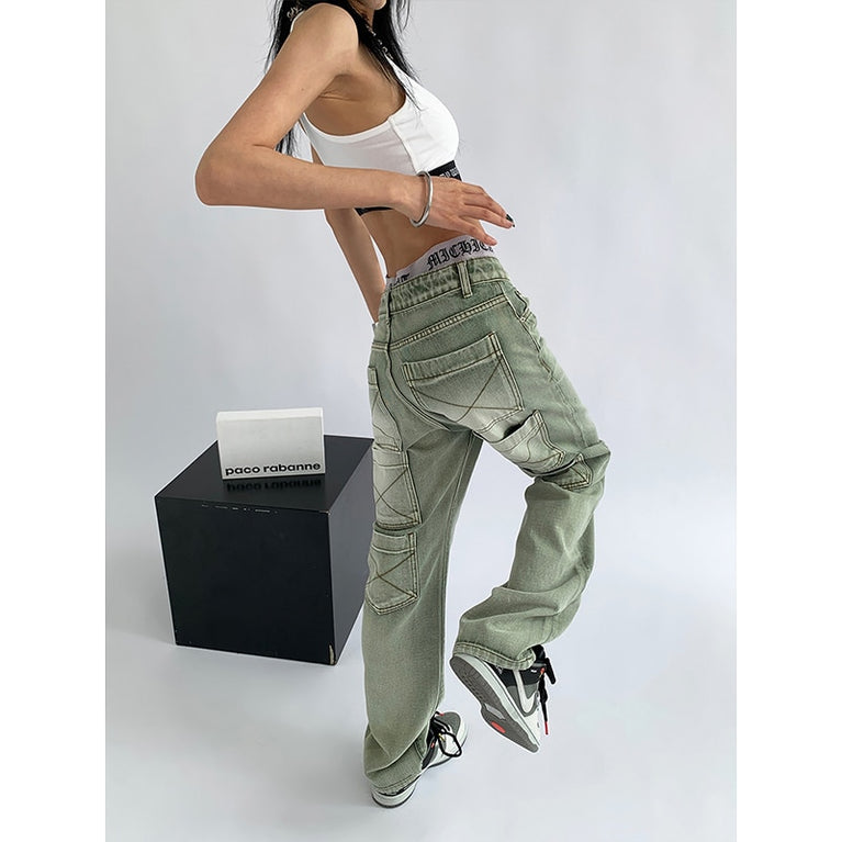 Grüne Jeans für Damen, Vintage-Waschung, mehrere Taschen, Baggy Style