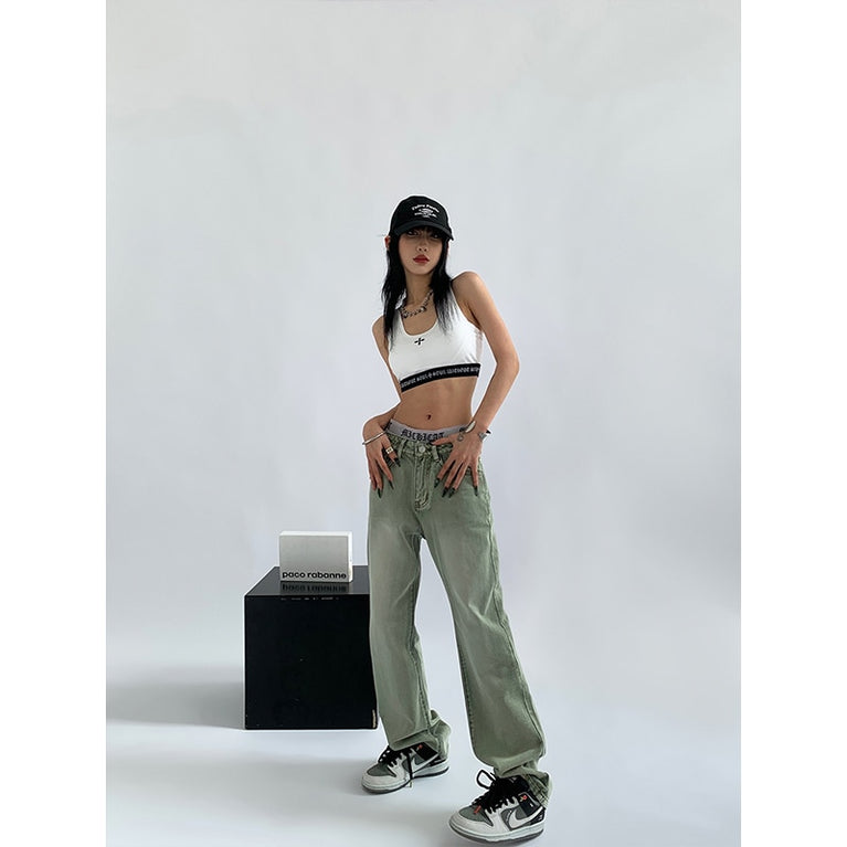 Grüne Jeans für Damen, Vintage-Waschung, mehrere Taschen, Baggy Style