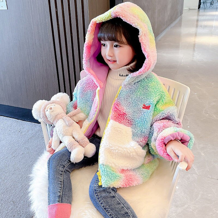 Regenbogen Mädchen Reißverschluss Hoodie Lammhaar Batik Sweatshirt kawaii Straßenmädchen Bluse Ohren lange Ärmel Jacke Einhorn Hip Hop Mantel