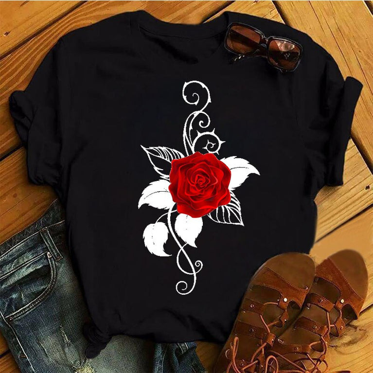 Rote Rosen T-Shirt für Damen