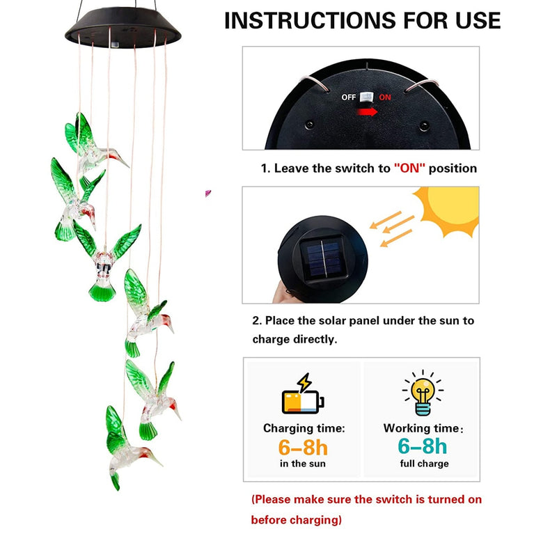 Farbwechselnde Solar-Windspiel-Kristallkugel-Kolibri-Windspiel-Lampe, wasserdicht, für den Außenbereich, für die Gartendekoration im Innenhof