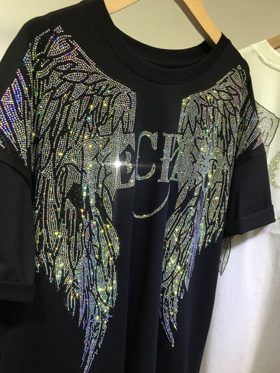 M-4XL Oversize Strass Damen T-Shirts mit Flügel