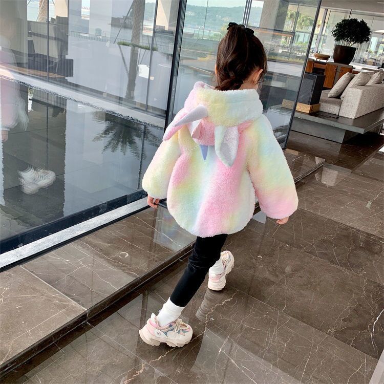 Regenbogen Mädchen Reißverschluss Hoodie Lammhaar Batik Sweatshirt kawaii Straßenmädchen Bluse Ohren lange Ärmel Jacke Einhorn Hip Hop Mantel