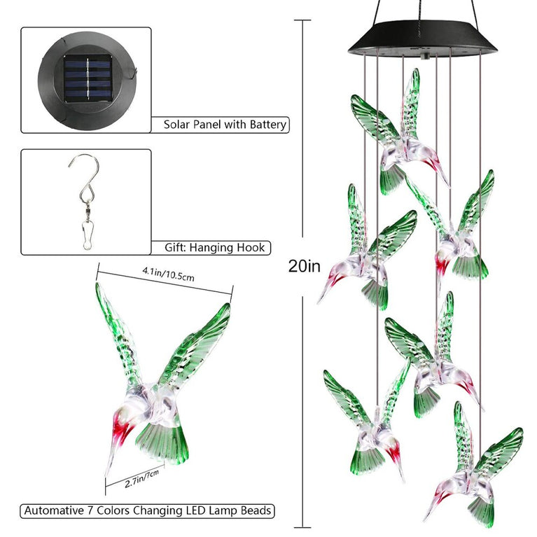 Farbwechselnde Solar-Windspiel-Kristallkugel-Kolibri-Windspiel-Lampe, wasserdicht, für den Außenbereich, für die Gartendekoration im Innenhof