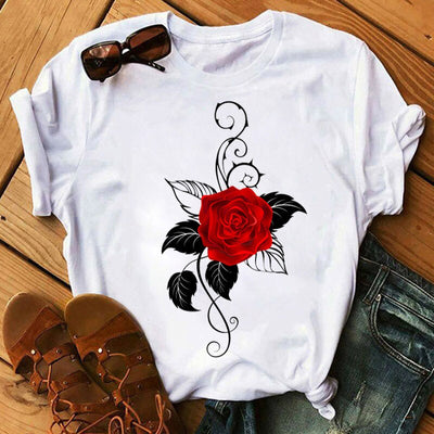 Rote Rosen T-Shirt für Damen