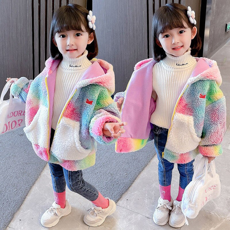 Regenbogen Mädchen Reißverschluss Hoodie Lammhaar Batik Sweatshirt kawaii Straßenmädchen Bluse Ohren lange Ärmel Jacke Einhorn Hip Hop Mantel