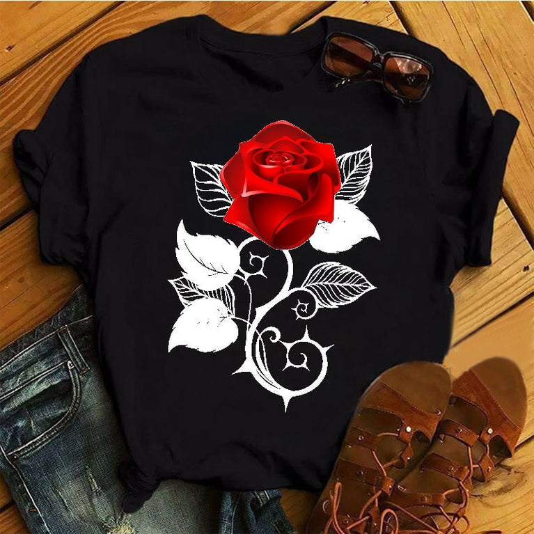 Rote Rosen T-Shirt für Damen