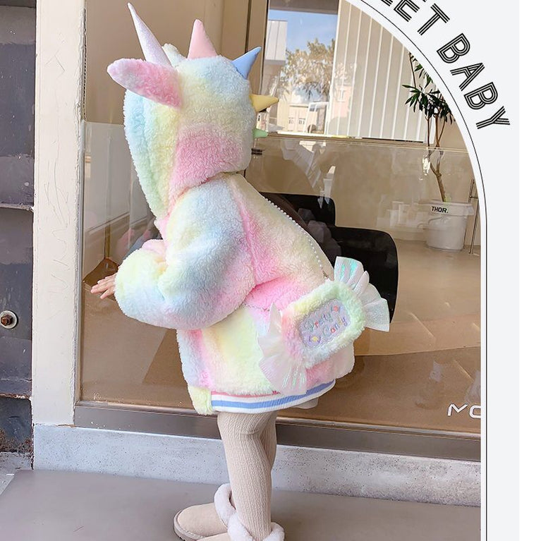 Regenbogen Mädchen Reißverschluss Hoodie Lammhaar Batik Sweatshirt kawaii Straßenmädchen Bluse Ohren lange Ärmel Jacke Einhorn Hip Hop Mantel