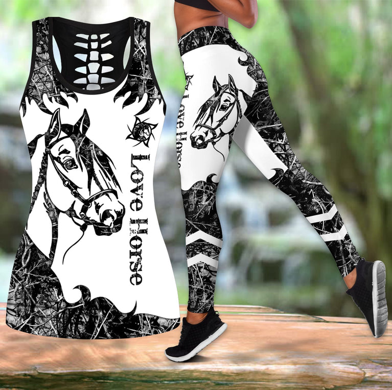 Love Horse Black Tatoo 3D gedrucktes hohles Tanktop & Leggings Set Fitness Damen